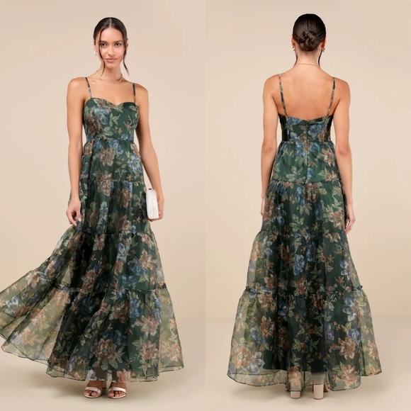 Lulus Exclusive Glamour Green Floral Organza Tiered Maxi Dress L Wedding Prom - Picture 1 of 10